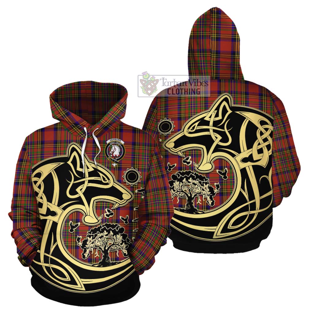 Tartan Vibes Clothing Hepburn Tartan Cotton Hoodie with Family Crest Celtic Wolf Style