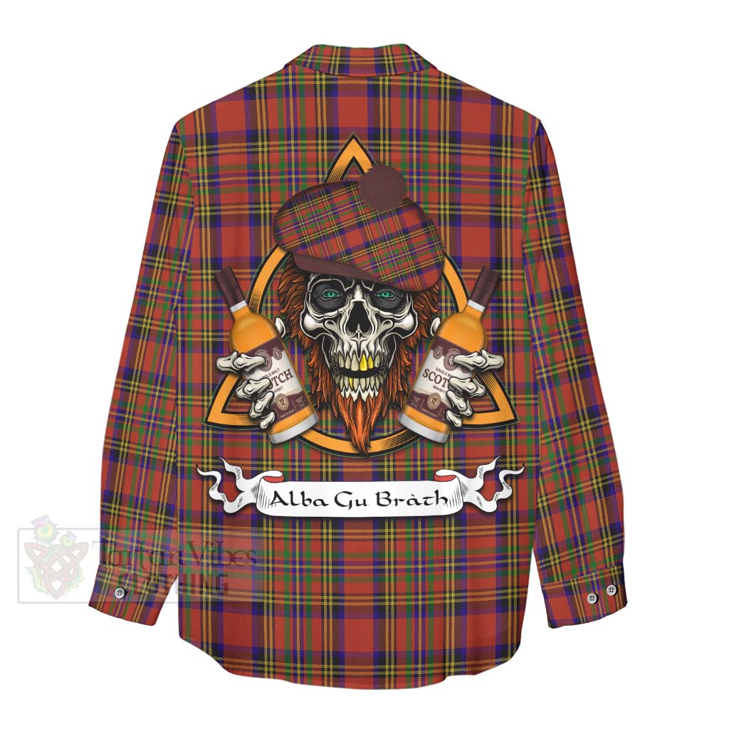 Tartan Vibes Clothing Hepburn Tartan Women's Casual Shirt with Family Crest and Bearded Skull Holding Bottles of Whiskey