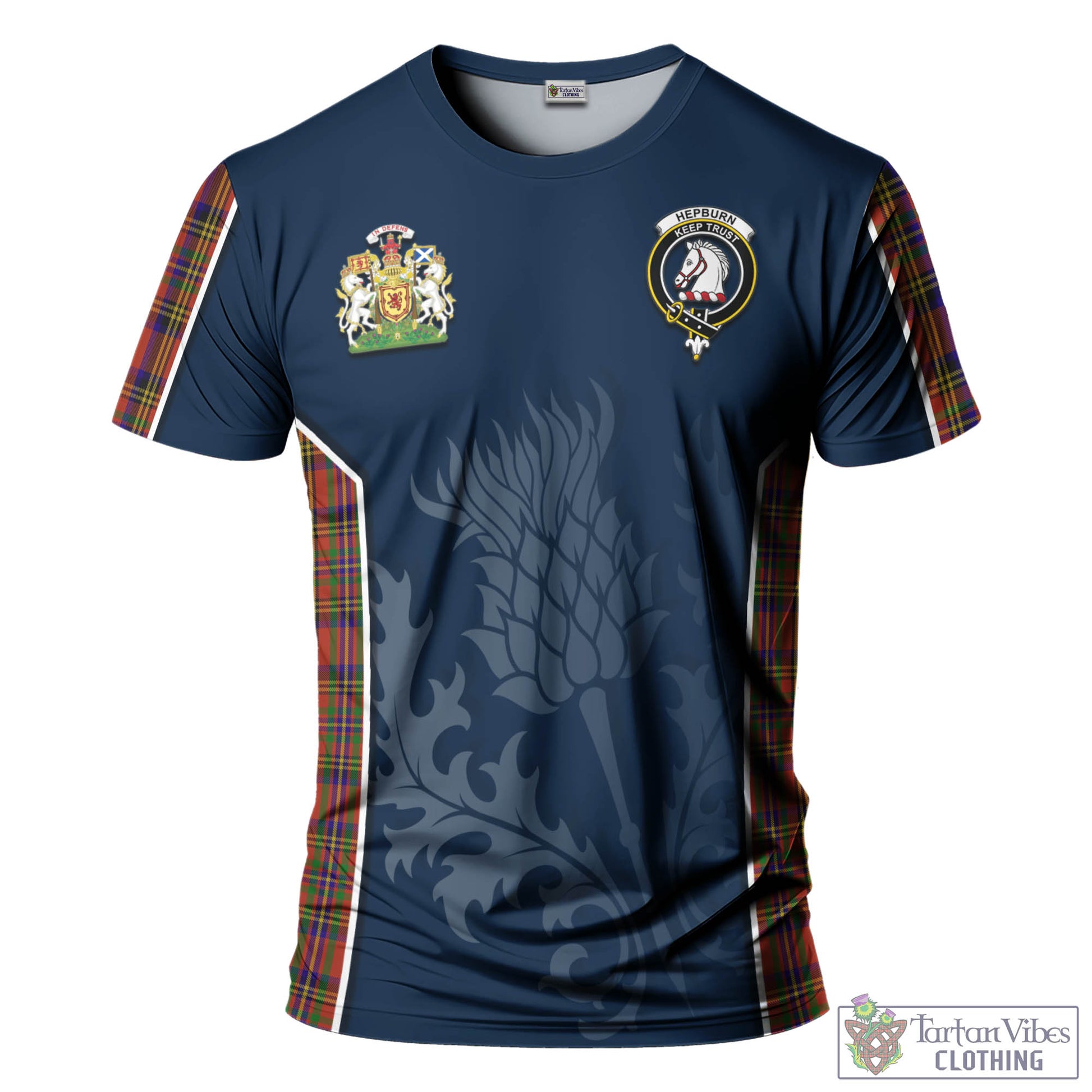 Tartan Vibes Clothing Hepburn Tartan T-Shirt with Family Crest and Scottish Thistle Vibes Sport Style