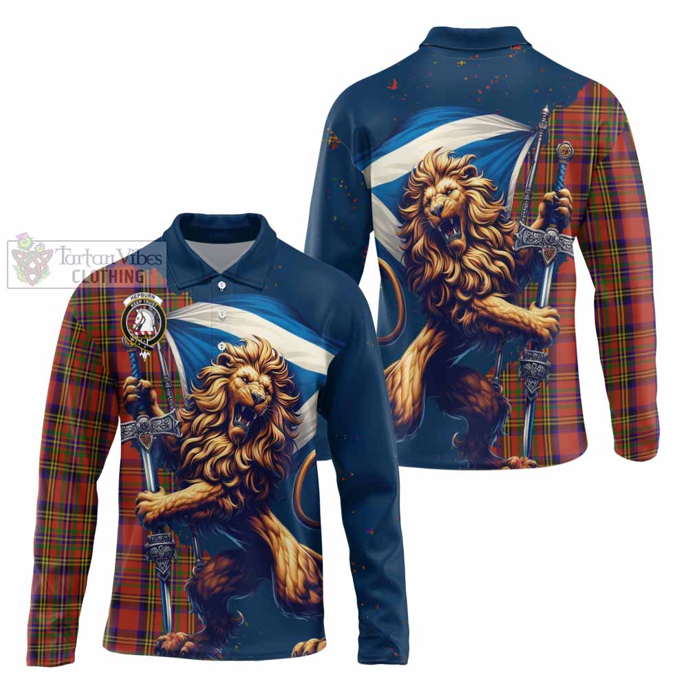 Tartan Vibes Clothing Hepburn Tartan Family Crest Long Sleeve Polo Shirt with Scottish Majestic Lion