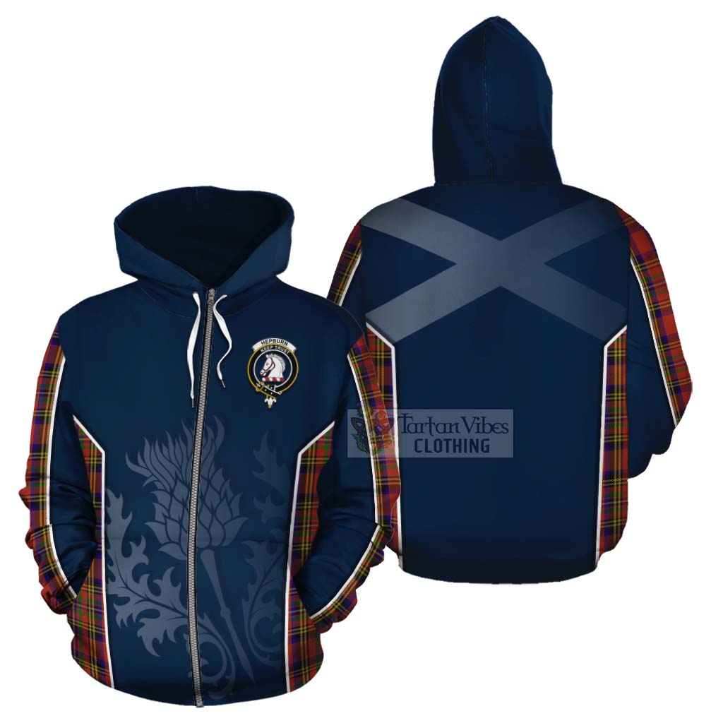 Tartan Vibes Clothing Hepburn Tartan Cotton Hoodie with Family Crest and Scottish Thistle Vibes Sport Style