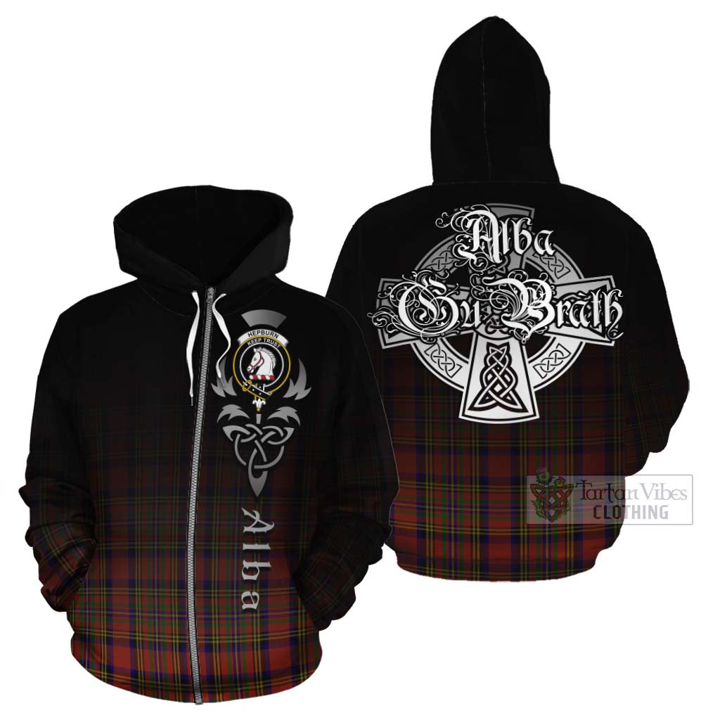 Tartan Vibes Clothing Hepburn Tartan Cotton Hoodie Featuring Alba Gu Brath Family Crest Celtic Inspired