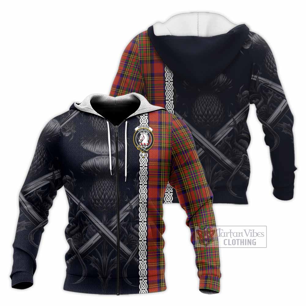 Hepburn Tartan Knitted Hoodie with Family Crest Cross Sword Thistle Celtic Vibes Unisex Knitted Zip Hoodie - Tartan Vibes Clothing