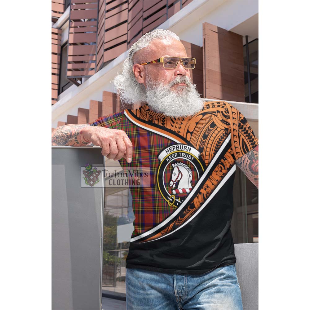 Tartan Vibes Clothing Hepburn Crest Tartan Cotton T-shirt with Maori Tattoo Style - Orange Version