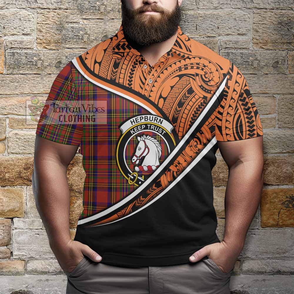 Tartan Vibes Clothing Hepburn Crest Tartan Polo Shirt with Maori Tattoo Style - Orange Version