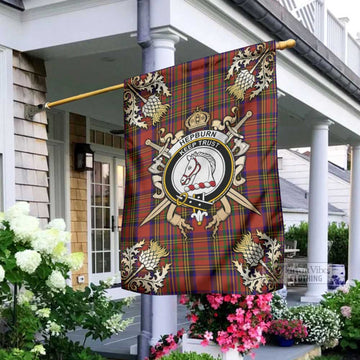 Hepburn Tartan Garden Flag with Family Crest and Golden Thistle Crossed Sword Design - Tartan Vibes Clothing