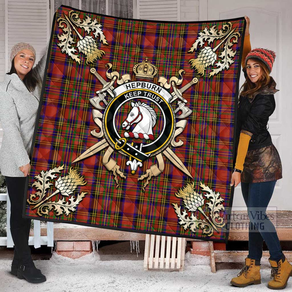 Tartan Vibes Clothing Hepburn Tartan Quilt with Family Crest and Scottish Golden Courage Shield