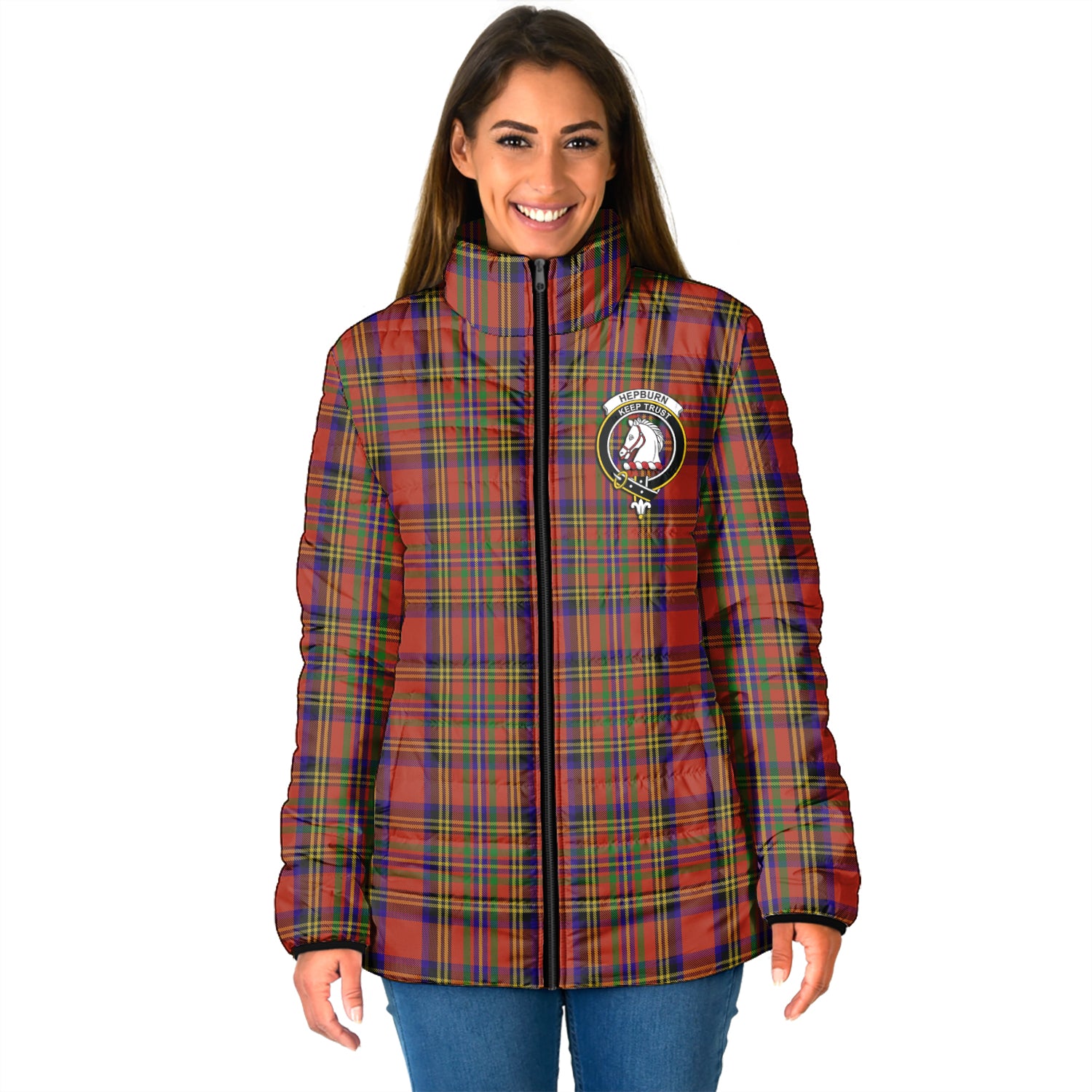 Hepburn Tartan Padded Jacket with Family Crest - Tartan Vibes Clothing