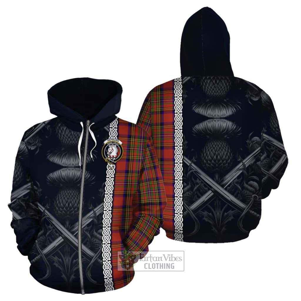 Tartan Vibes Clothing Hepburn Tartan Cotton Hoodie with Family Crest Cross Sword Thistle Celtic Vibes