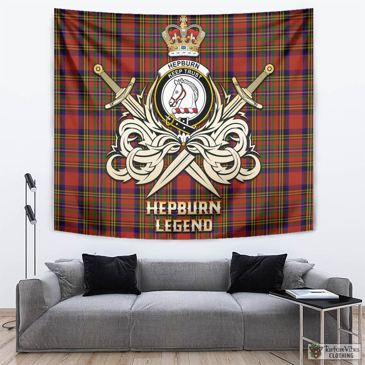 Tartan Vibes Clothing Hepburn Tartan Tapestry with Clan Crest and the Golden Sword of Courageous Legacy