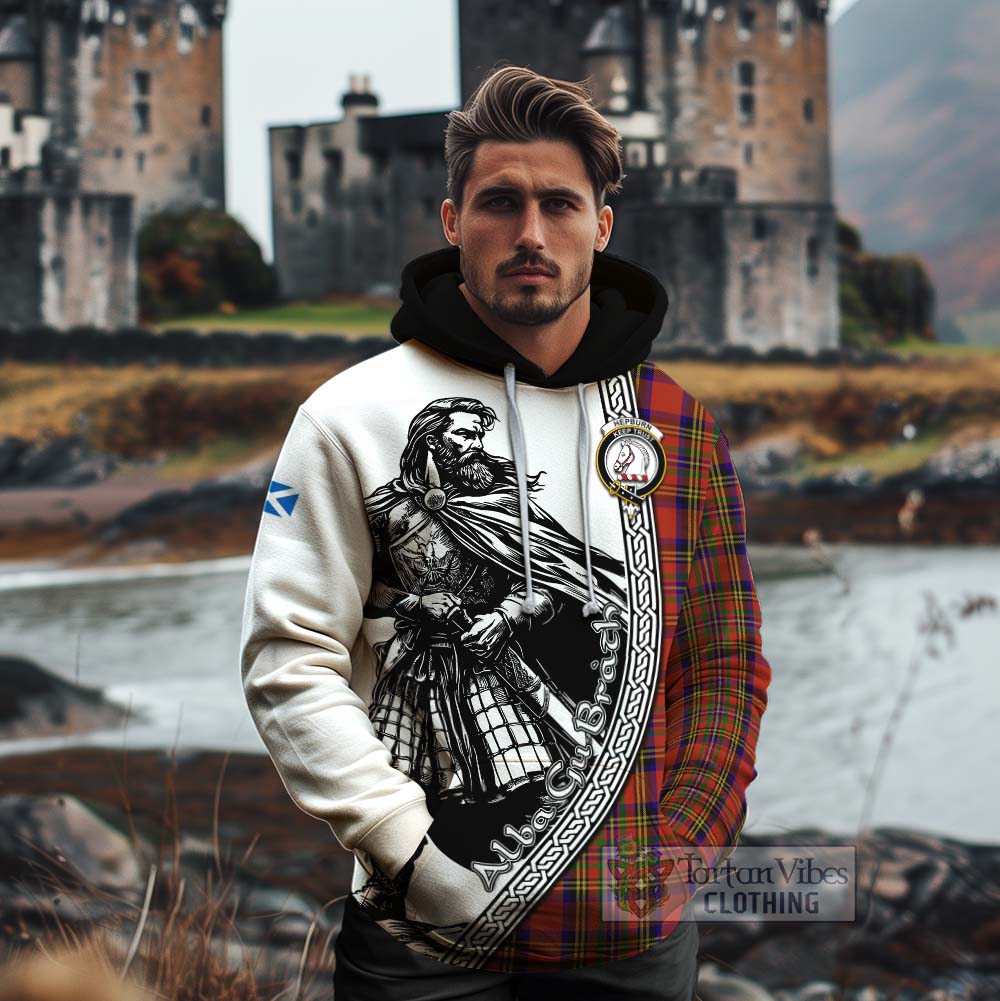 Tartan Vibes Clothing Hepburn Tartan Clan Crest Cotton Hoodie with Highlander Warrior Celtic Style