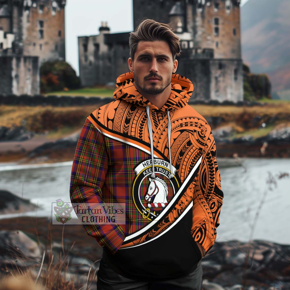 Tartan Vibes Clothing Hepburn Crest Tartan Cotton Hoodie with Maori Tattoo Style - Orange Version