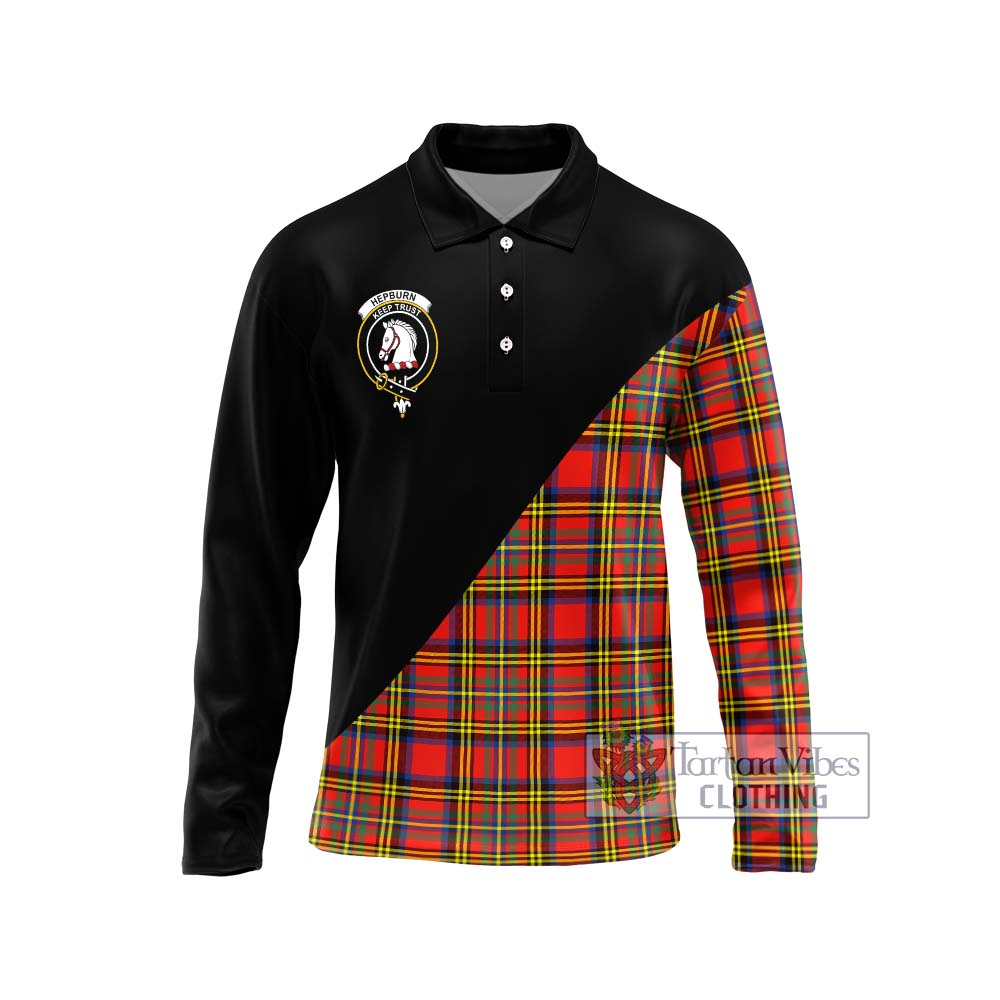 Hepburn Ancient Tartan Long Sleeve Polo Shirt with Family Crest and Military Logo Style Unisex - Tartanvibesclothing Shop