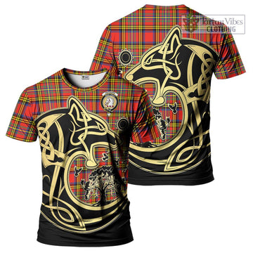 Hepburn Ancient Tartan T-Shirt with Family Crest Celtic Wolf Style