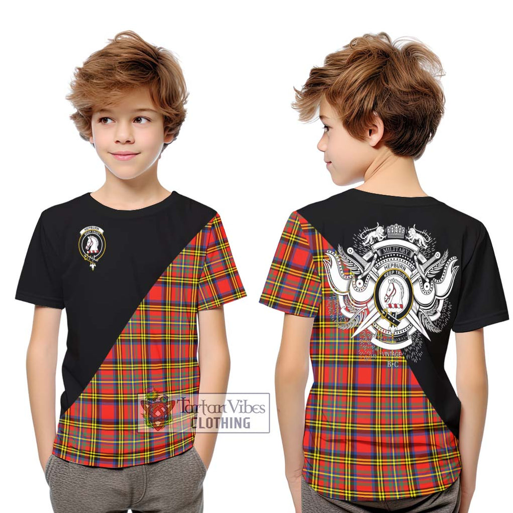 Hepburn Ancient Tartan Kid T-Shirt with Family Crest and Military Logo Style Youth XL Size14 - Tartanvibesclothing Shop