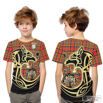 Hepburn Ancient Tartan Kid T-Shirt with Family Crest Celtic Wolf Style