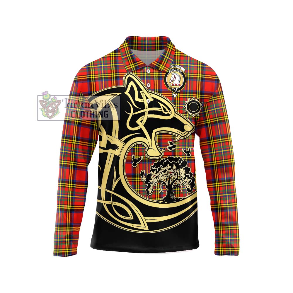 Hepburn Ancient Tartan Long Sleeve Polo Shirt with Family Crest Celtic Wolf Style Unisex - Tartanvibesclothing Shop