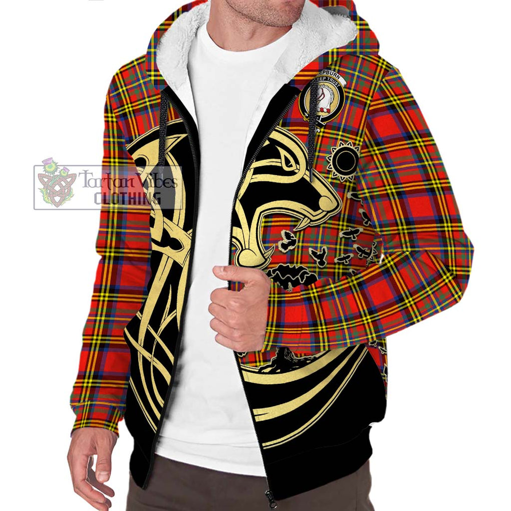 Hepburn Ancient Tartan Sherpa Hoodie with Family Crest Celtic Wolf Style Unisex S - Tartan Vibes Clothing