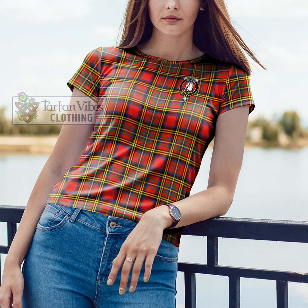 Hepburn Ancient Tartan Cotton T-Shirt with Family Crest Women's Shirt - Tartanvibesclothing Shop