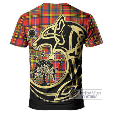 Hepburn Ancient Tartan T-Shirt with Family Crest Celtic Wolf Style