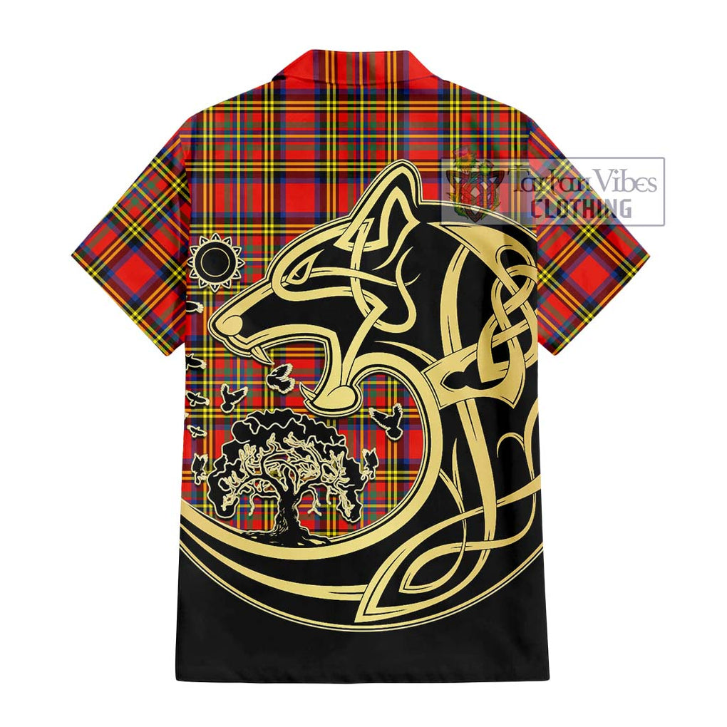 Hepburn Ancient Tartan Short Sleeve Button Shirt with Family Crest Celtic Wolf Style - Tartan Vibes Clothing