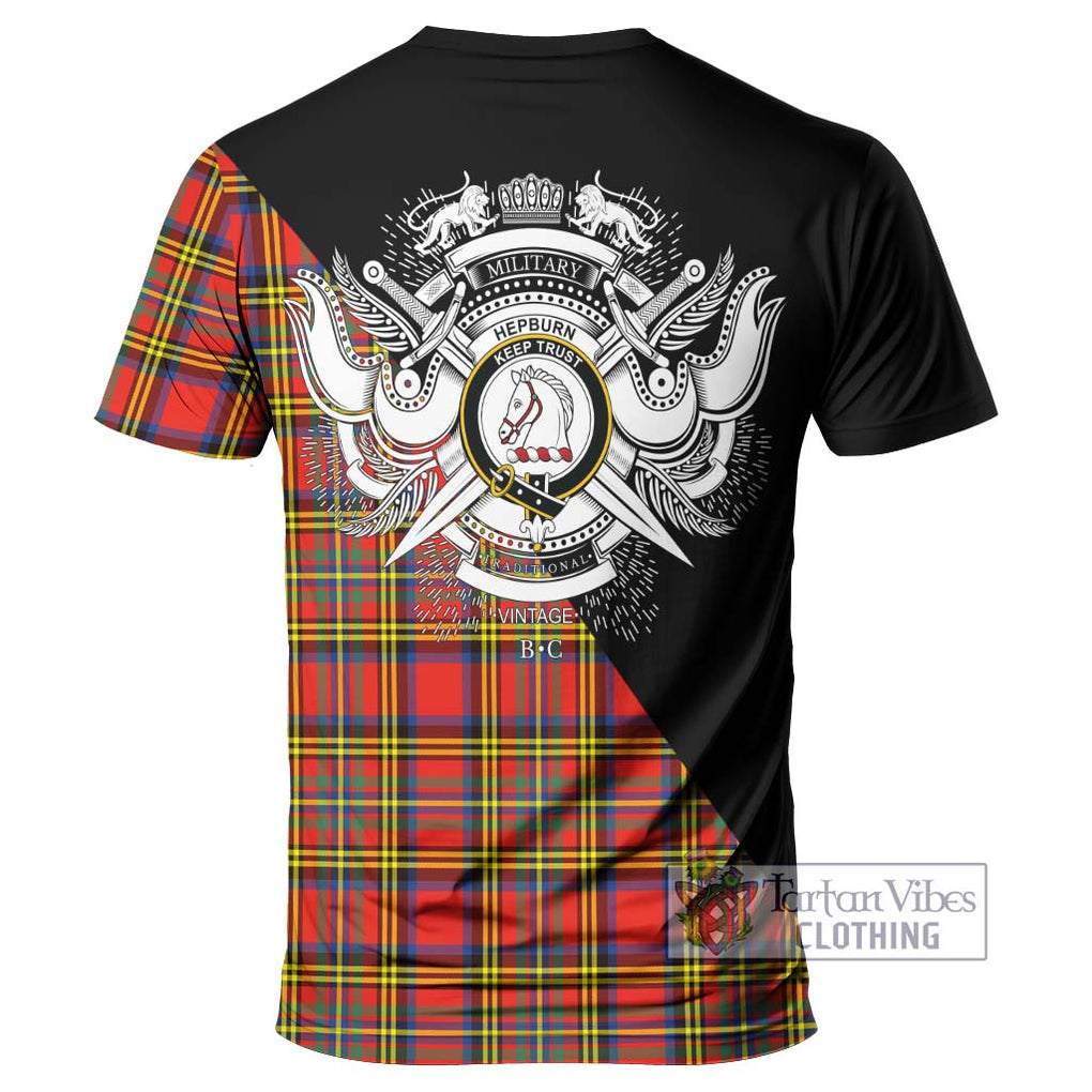 Hepburn Ancient Tartan T-Shirt with Family Crest and Military Logo Style - Tartanvibesclothing Shop