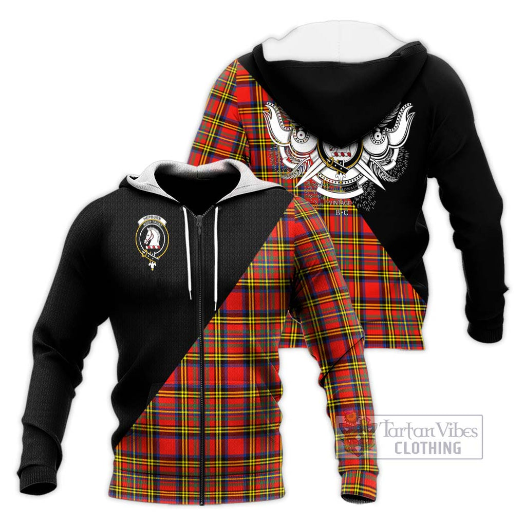 Hepburn Ancient Tartan Knitted Hoodie with Family Crest and Military Logo Style Unisex Knitted Zip Hoodie - Tartanvibesclothing Shop