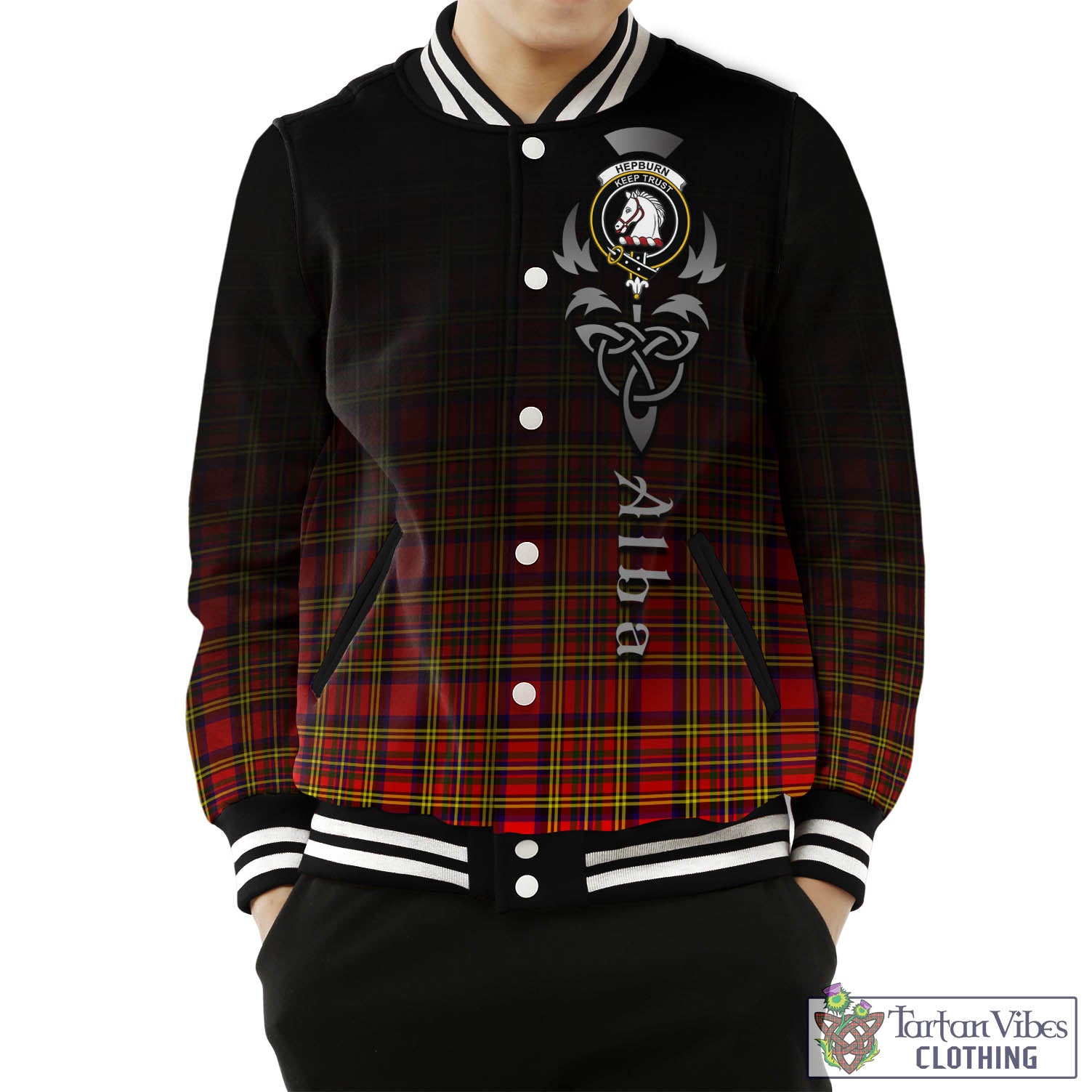 Tartan Vibes Clothing Hepburn Modern Tartan Baseball Jacket Featuring Alba Gu Brath Family Crest Celtic Inspired