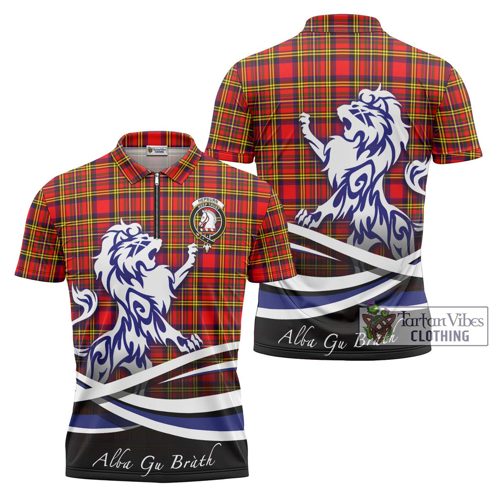 Hepburn Modern Tartan Zipper Polo Shirt with Alba Gu Brath Regal Lion Emblem Unisex - Tartanvibesclothing Shop