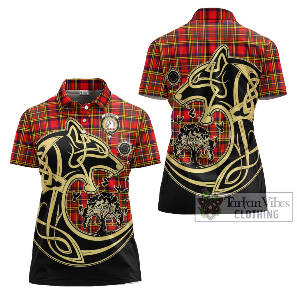 Hepburn Modern Tartan Women's Polo Shirt with Family Crest Celtic Wolf Style Women - Tartanvibesclothing Shop