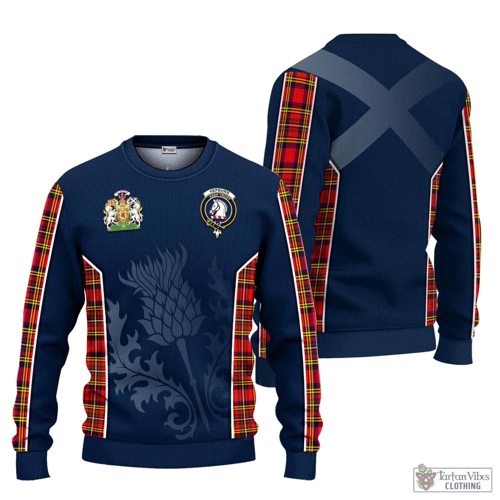 Tartan Vibes Clothing Hepburn Modern Tartan Knitted Sweatshirt with Family Crest and Scottish Thistle Vibes Sport Style