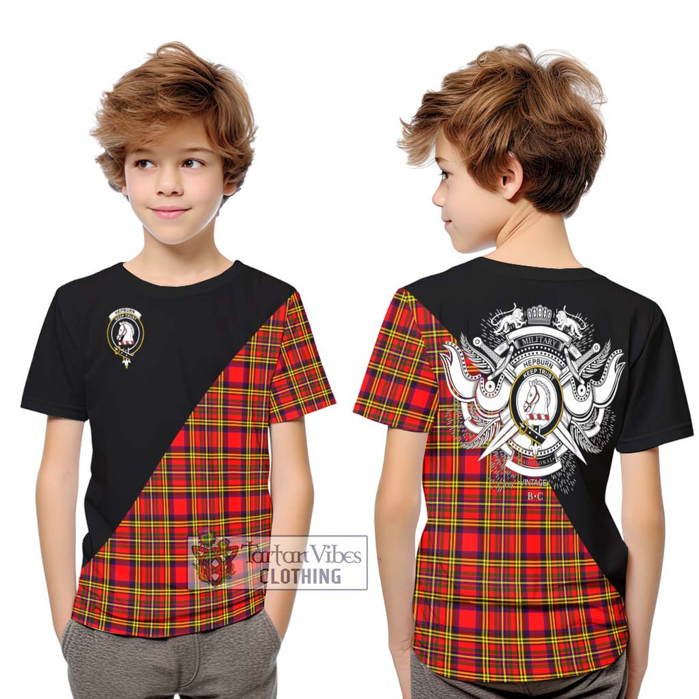 Hepburn Modern Tartan Kid T-Shirt with Family Crest and Military Logo Style Youth XL Size14 - Tartanvibesclothing Shop