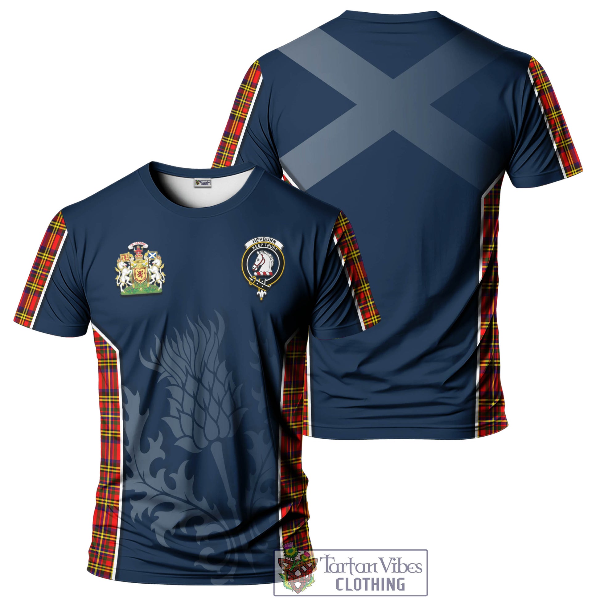 Tartan Vibes Clothing Hepburn Modern Tartan T-Shirt with Family Crest and Scottish Thistle Vibes Sport Style