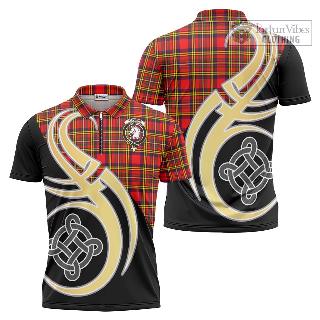 Tartan Vibes Clothing Hepburn Modern Tartan Zipper Polo Shirt with Family Crest and Celtic Symbol Style