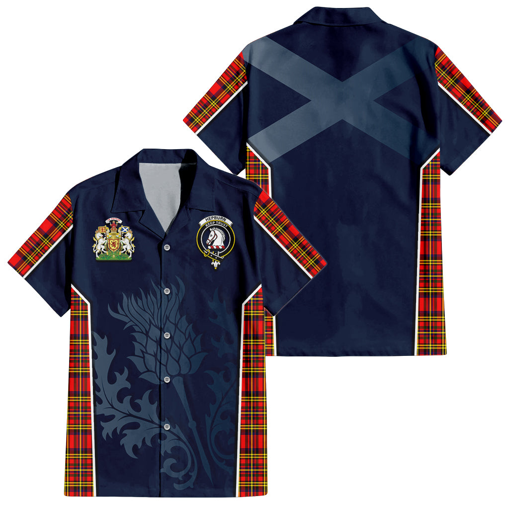 Tartan Vibes Clothing Hepburn Modern Tartan Short Sleeve Button Up Shirt with Family Crest and Scottish Thistle Vibes Sport Style