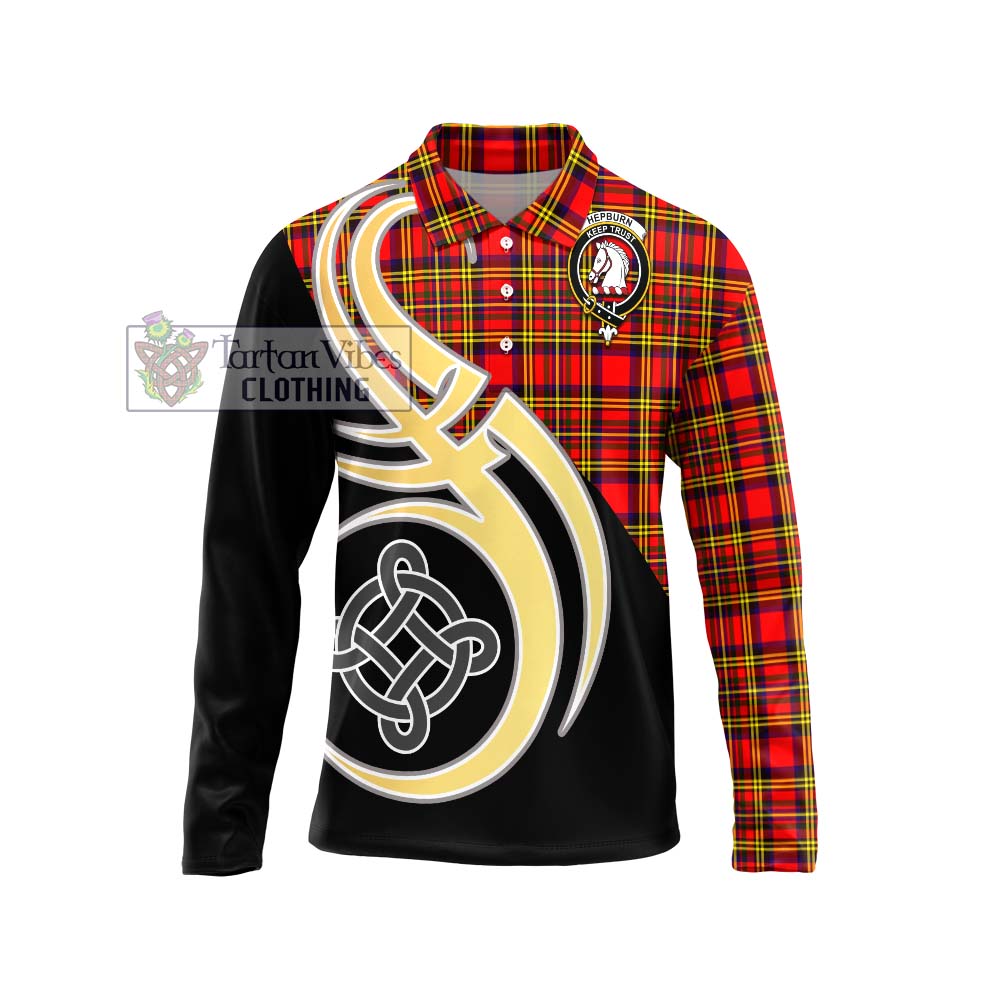 Hepburn Modern Tartan Long Sleeve Polo Shirt with Family Crest and Celtic Symbol Style Unisex - Tartan Vibes Clothing