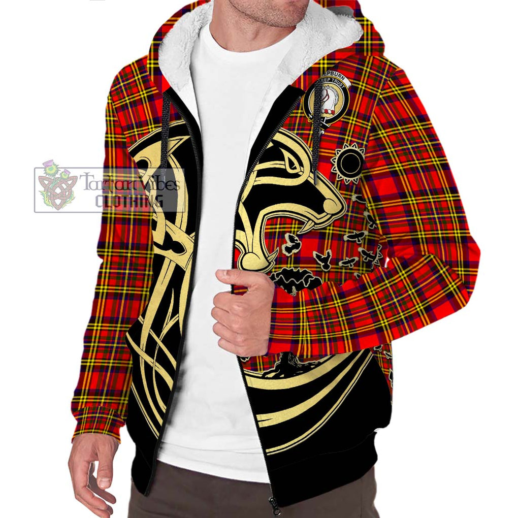 Hepburn Modern Tartan Sherpa Hoodie with Family Crest Celtic Wolf Style Unisex S - Tartan Vibes Clothing