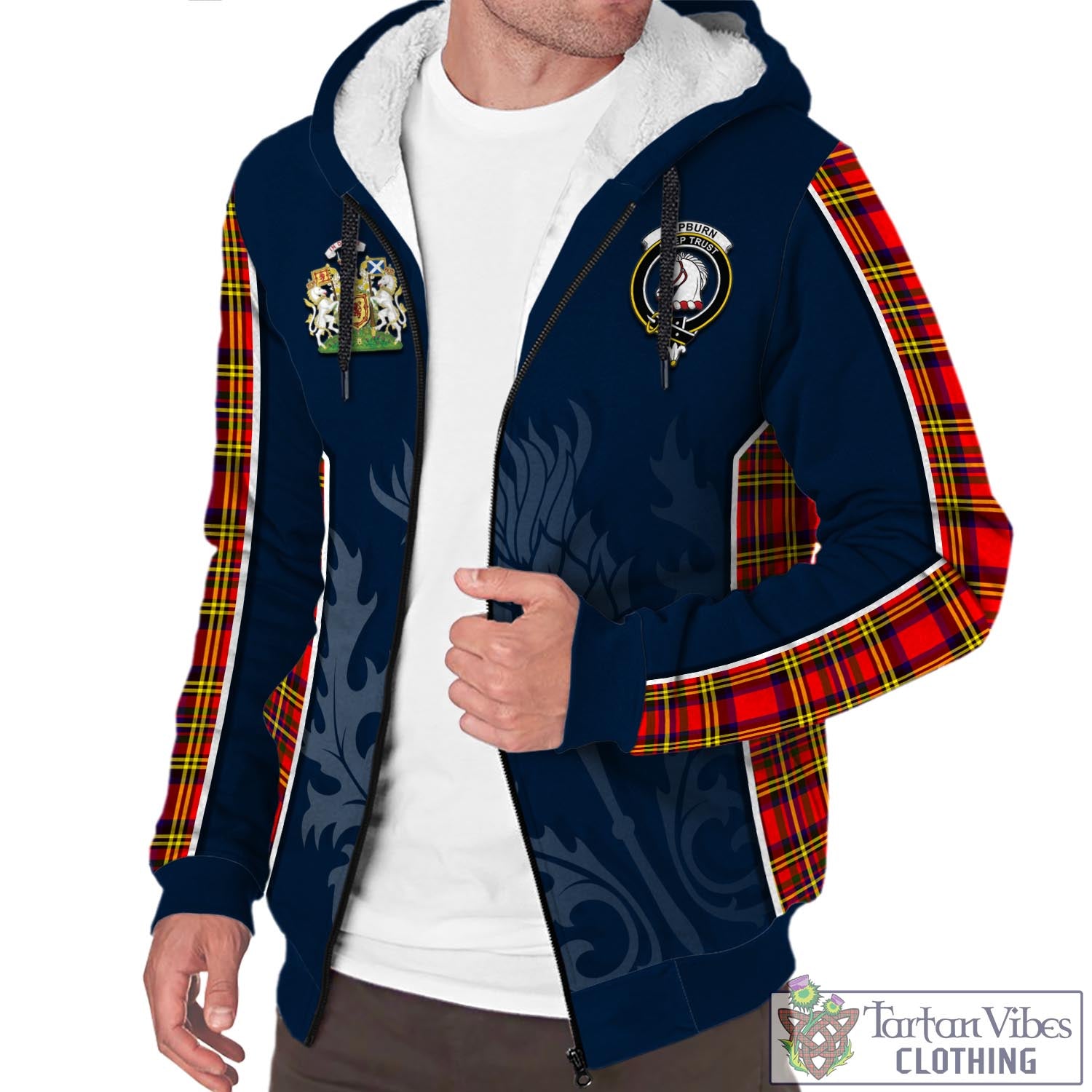 Tartan Vibes Clothing Hepburn Modern Tartan Sherpa Hoodie with Family Crest and Scottish Thistle Vibes Sport Style