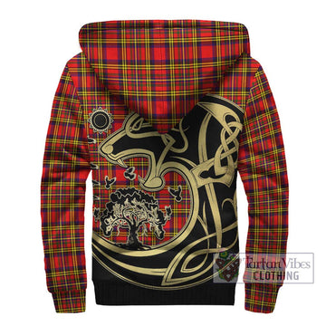 Hepburn Modern Tartan Sherpa Hoodie with Family Crest Celtic Wolf Style