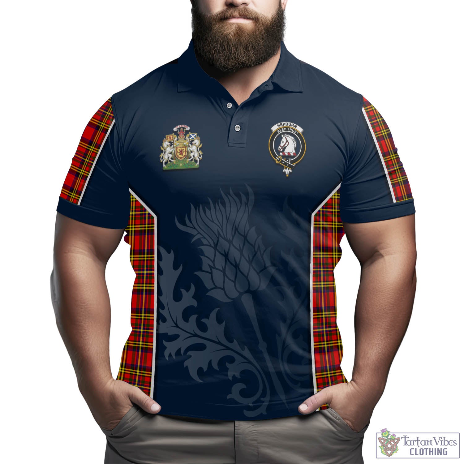 Hepburn Modern Tartan Men's Polo Shirt with Family Crest and Scottish Thistle Vibes Sport Style - Tartan Vibes Clothing