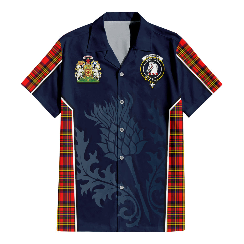 Tartan Vibes Clothing Hepburn Modern Tartan Short Sleeve Button Up Shirt with Family Crest and Scottish Thistle Vibes Sport Style