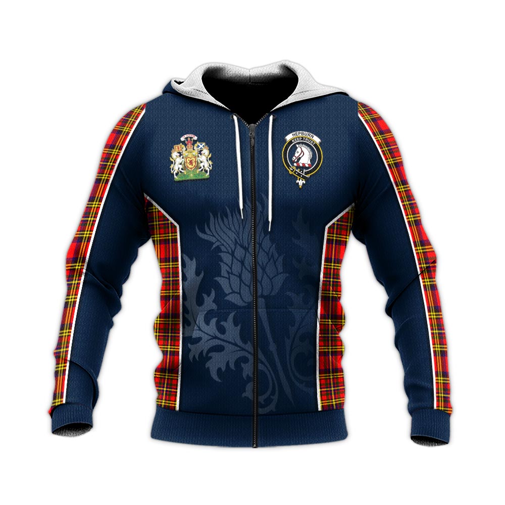 Tartan Vibes Clothing Hepburn Modern Tartan Knitted Hoodie with Family Crest and Scottish Thistle Vibes Sport Style