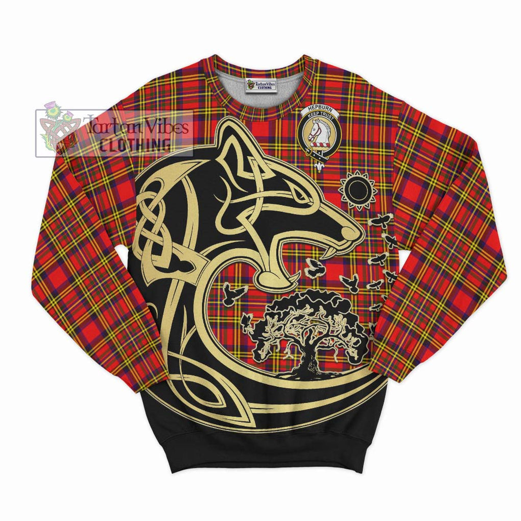 Hepburn Modern Tartan Sweatshirt with Family Crest Celtic Wolf Style - Tartan Vibes Clothing