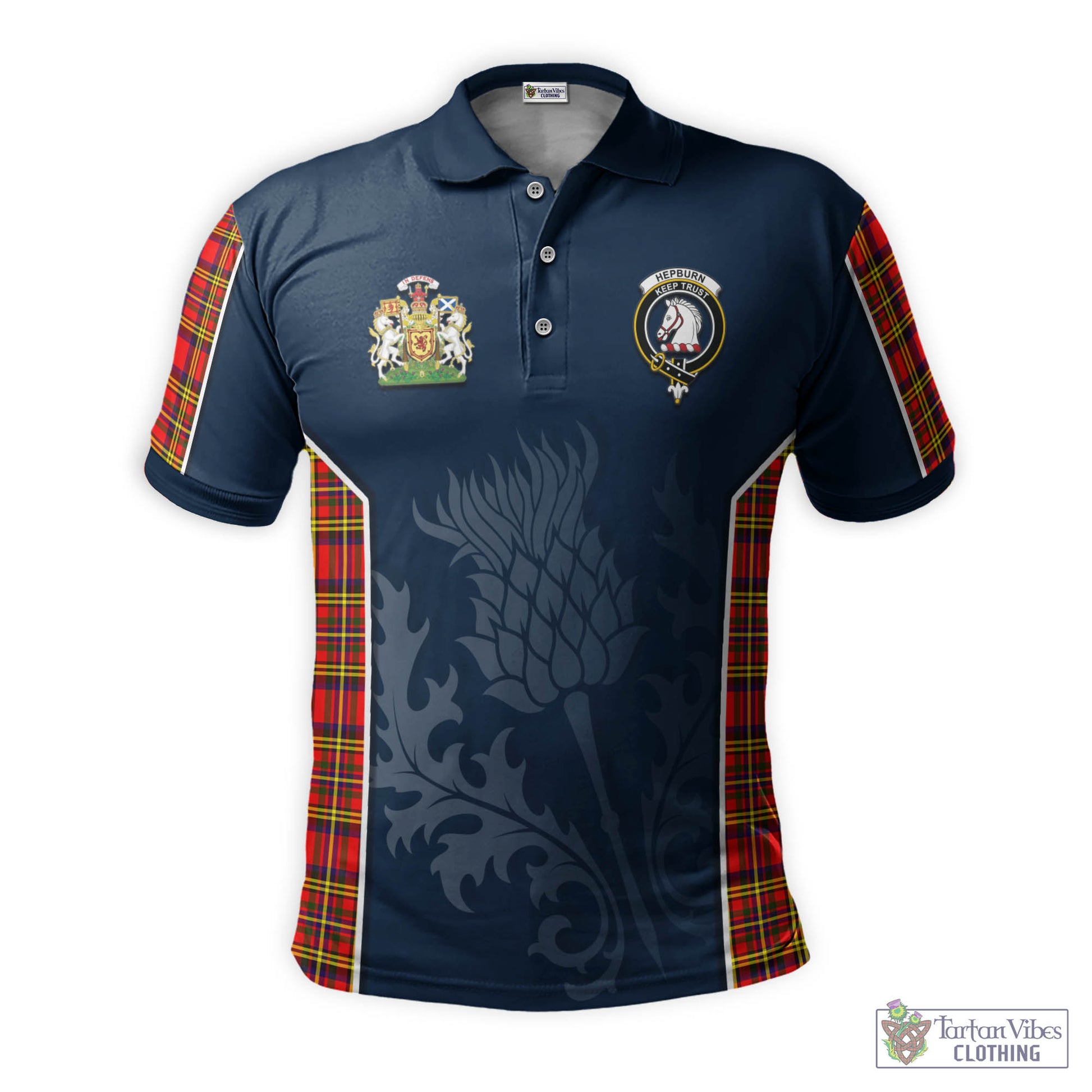 Hepburn Modern Tartan Men's Polo Shirt with Family Crest and Scottish Thistle Vibes Sport Style - Tartan Vibes Clothing