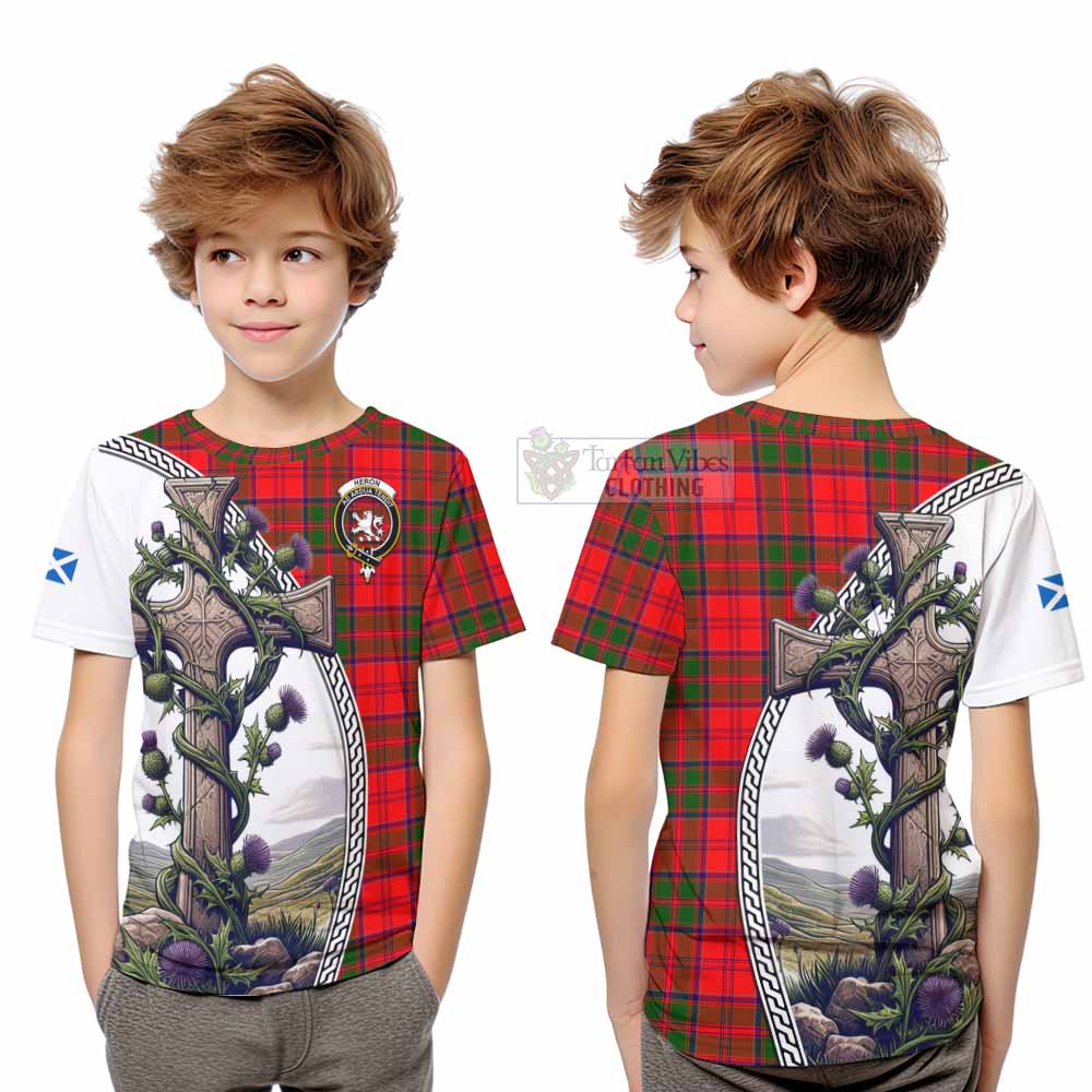 Tartan Vibes Clothing Heron Tartan Kid T-Shirt with Family Crest and St. Andrew's Cross Accented by Thistle Vines