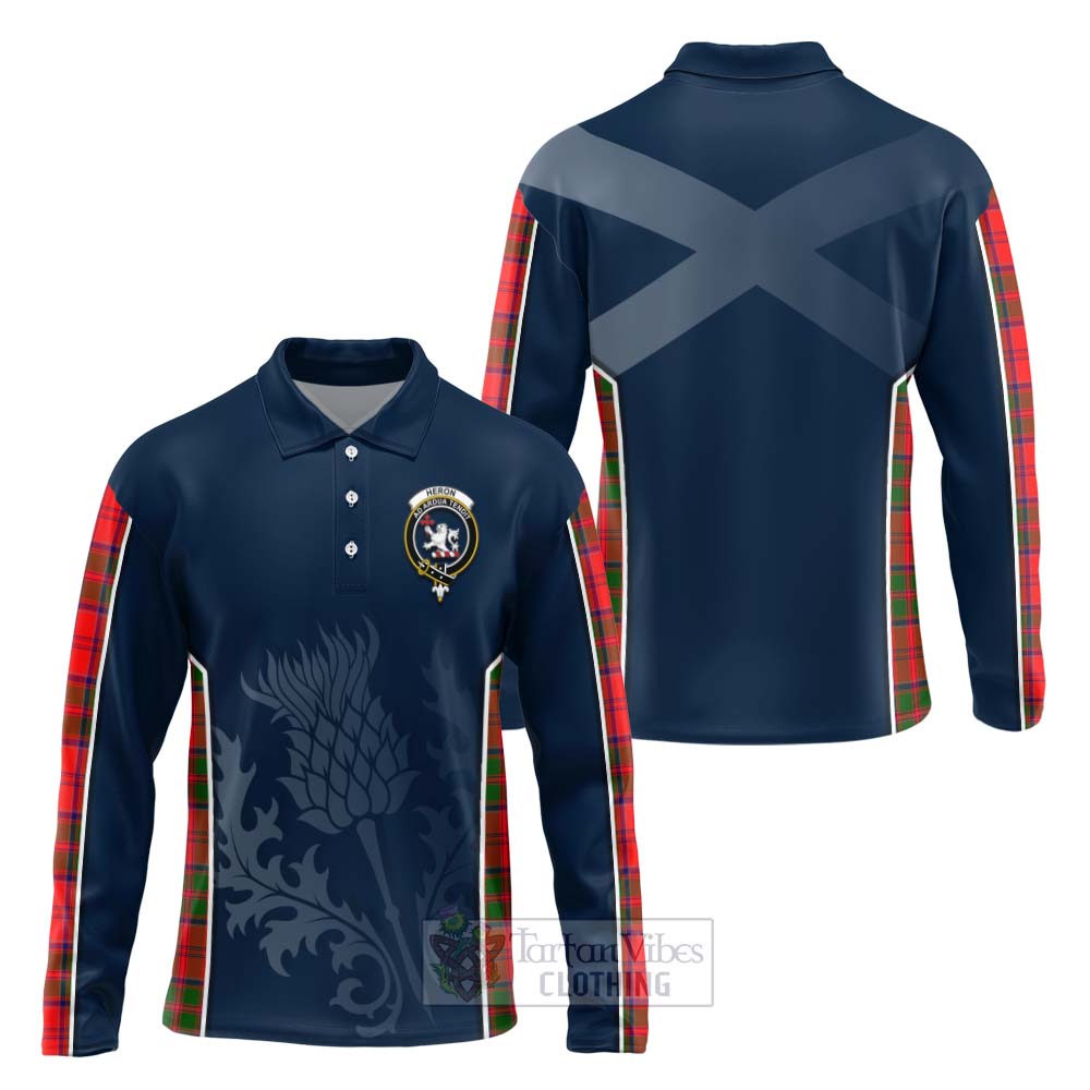 Tartan Vibes Clothing Heron Tartan Long Sleeve Polo Shirt with Family Crest and Scottish Thistle Vibes Sport Style