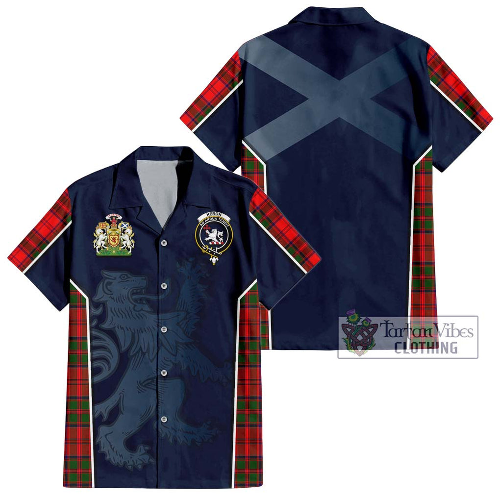 Heron Tartan Short Sleeve Button Shirt with Family Crest and Lion Rampant Vibes Sport Style Kid - Tartan Vibes Clothing