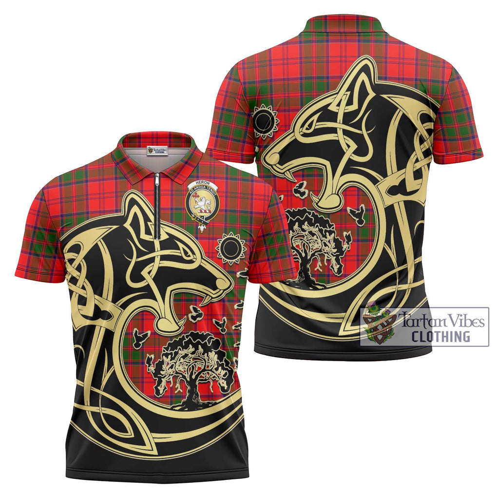 Heron Tartan Zipper Polo Shirt with Family Crest Celtic Wolf Style Unisex - Tartanvibesclothing Shop