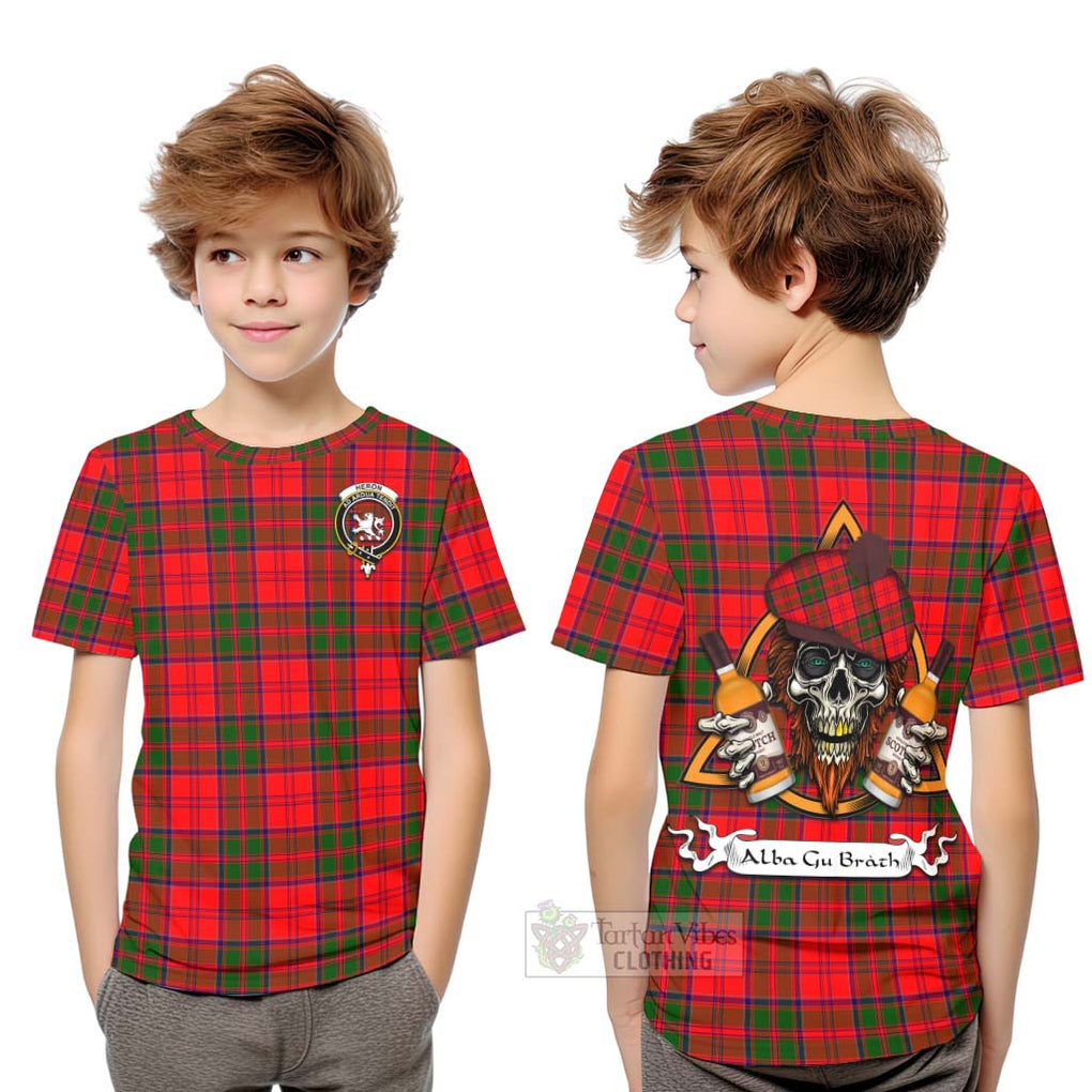 Tartan Vibes Clothing Heron Tartan Kid T-Shirt with Family Crest and Bearded Skull Holding Bottles of Whiskey