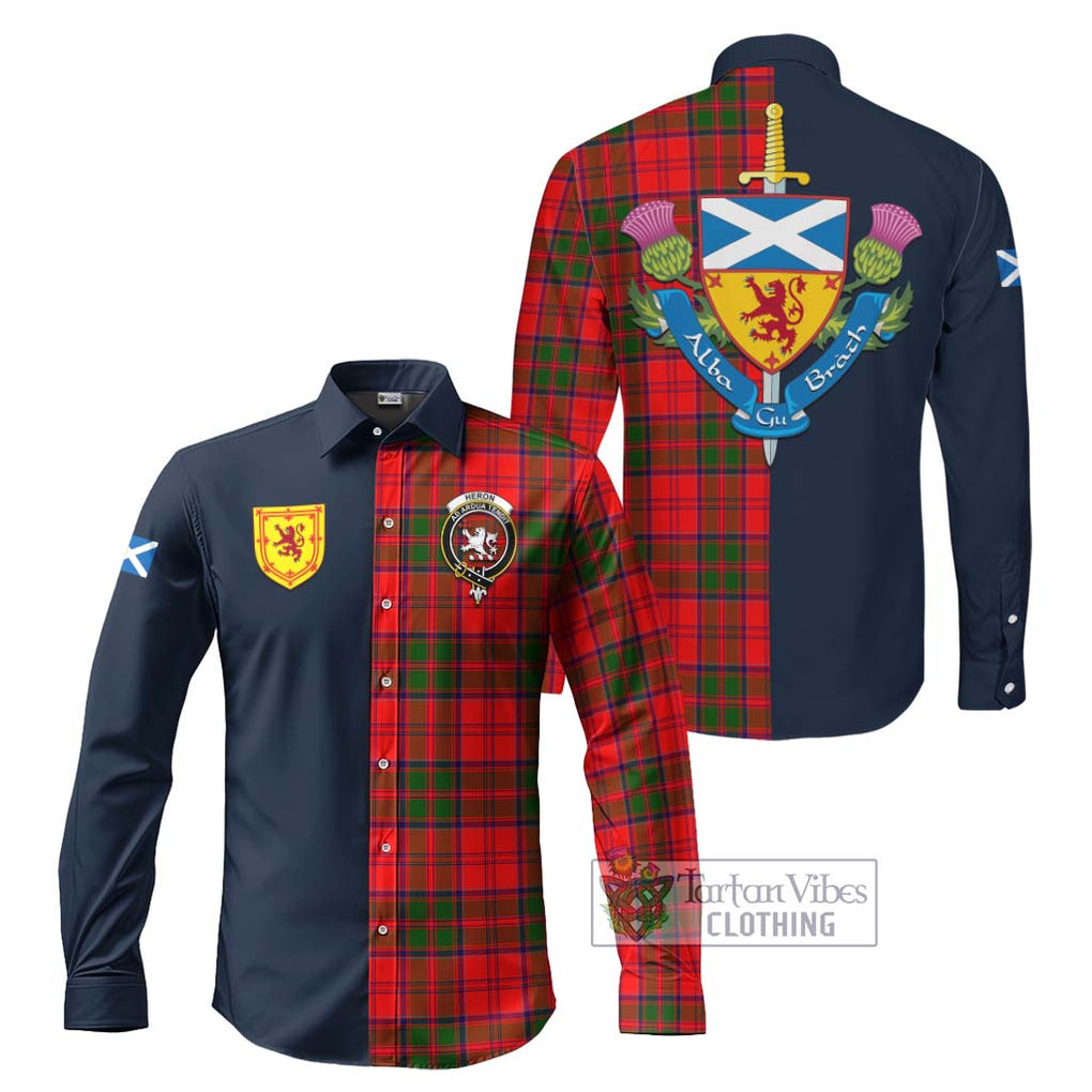 Tartan Vibes Clothing Heron Tartan Long Sleeve Button Shirt with Scottish Lion Royal Arm Half Style